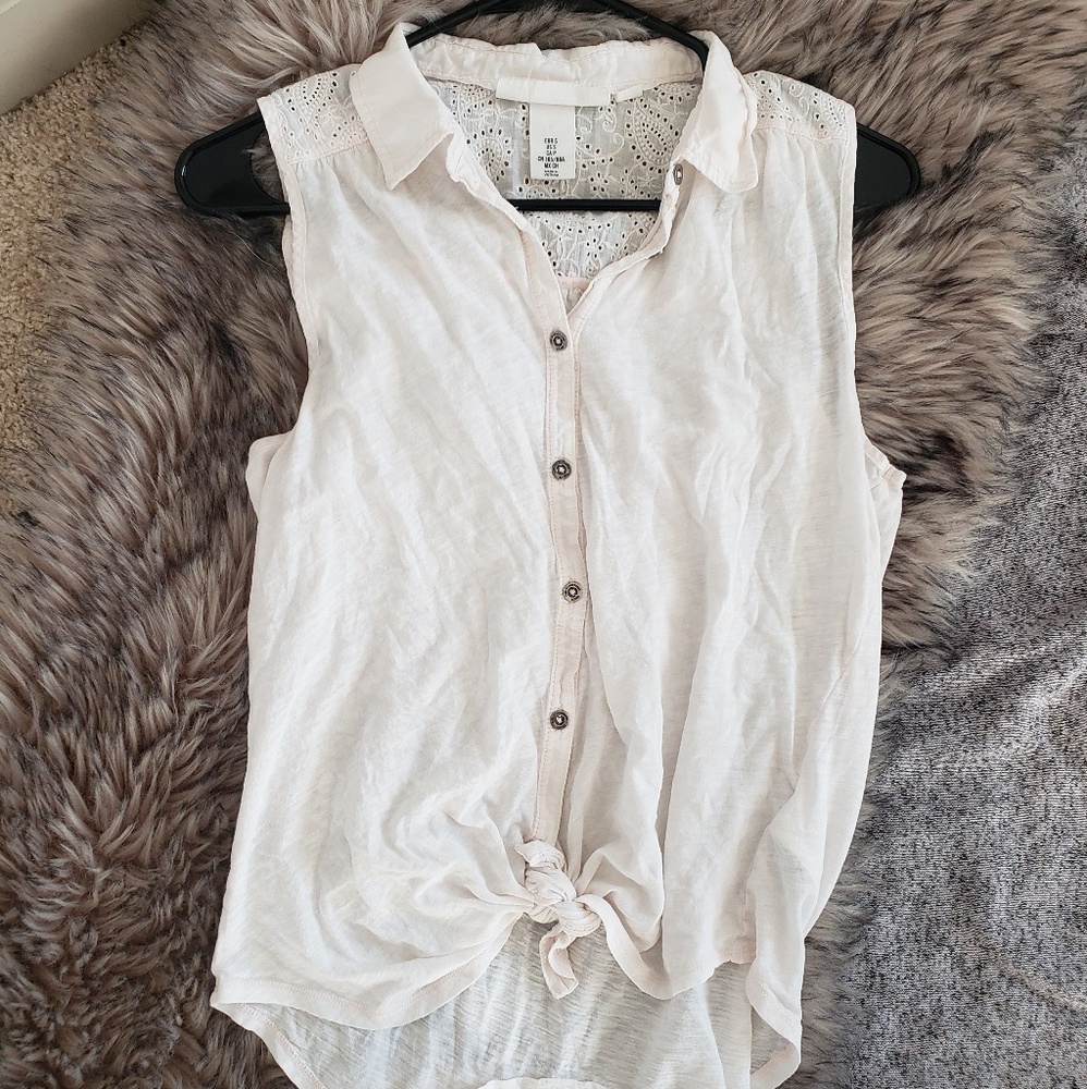 H&M white button collared sleeveless tie top Sz S